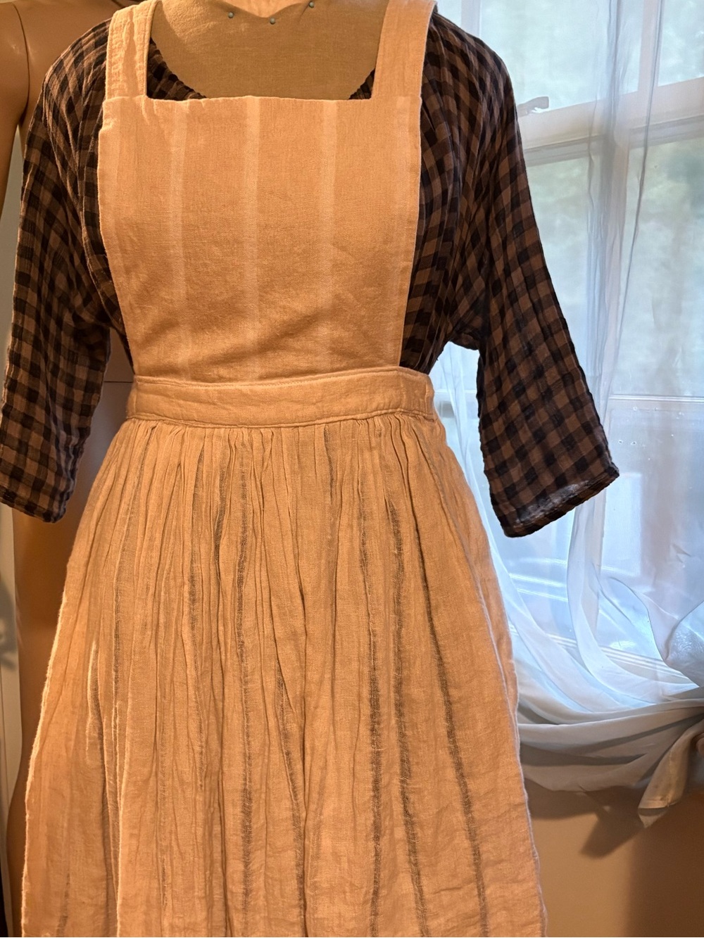 Handmade linen/cotton neutral pinafore bib apron -S/M